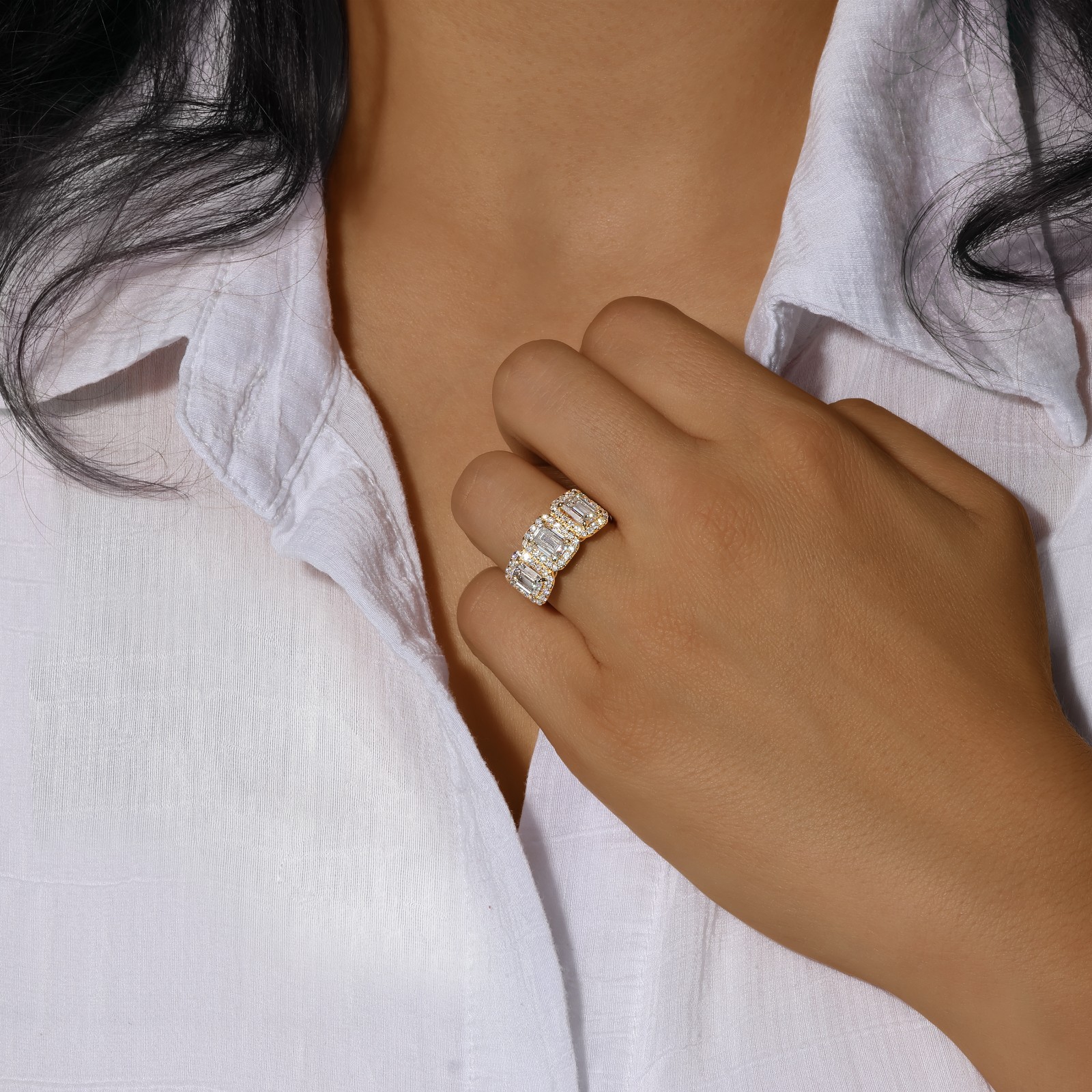Approx. 3.99ct Emerald Cut Three Stone Lab Grown Diamond Ring DEF VVS 14K Gold