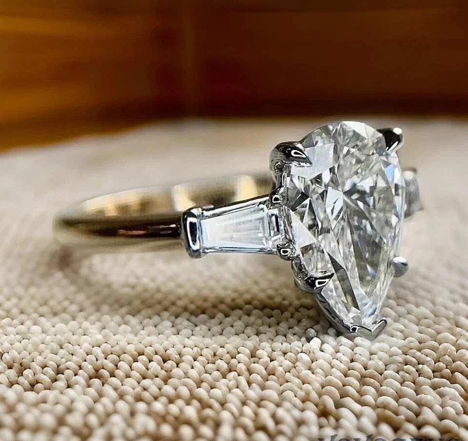 Moissanite Solitaire Engagement Ring Pear Cut 3.50 CT Solid 14K Yellow Gold VVS1