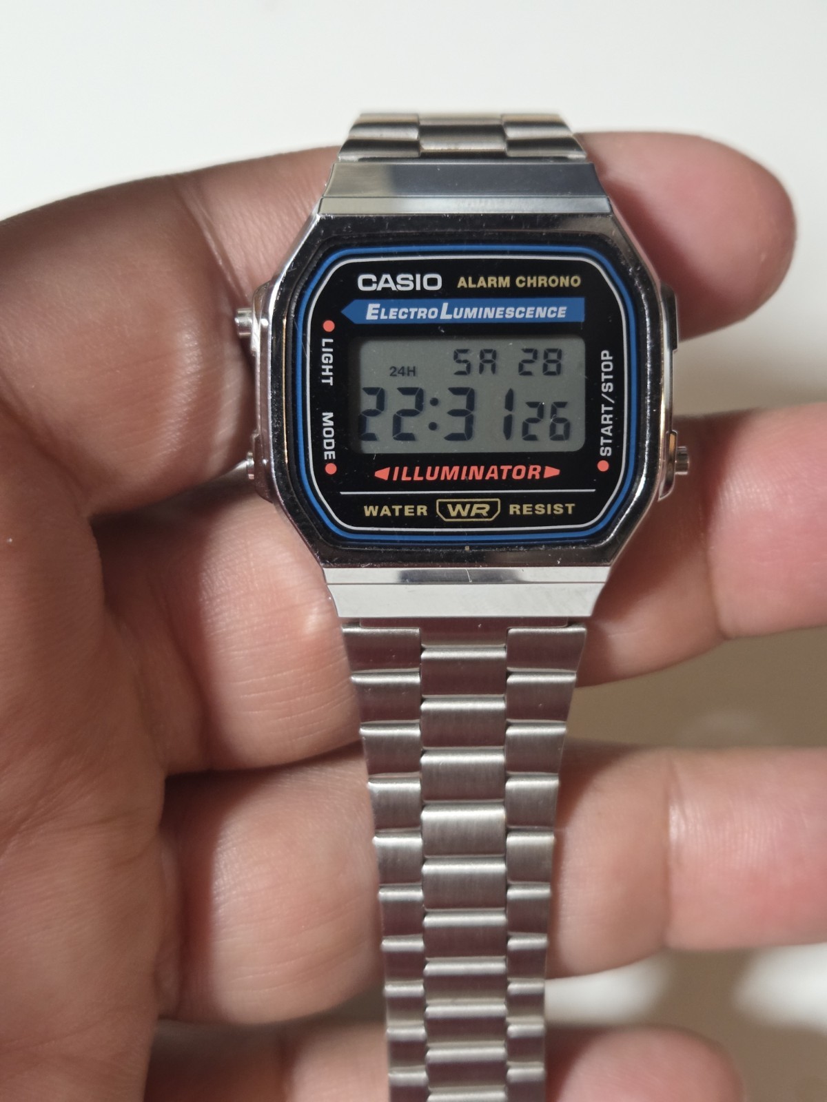 Casio A168WA-1W Digital Alarm Stainless Steel Illuminator Watch A168WA-1 C135B