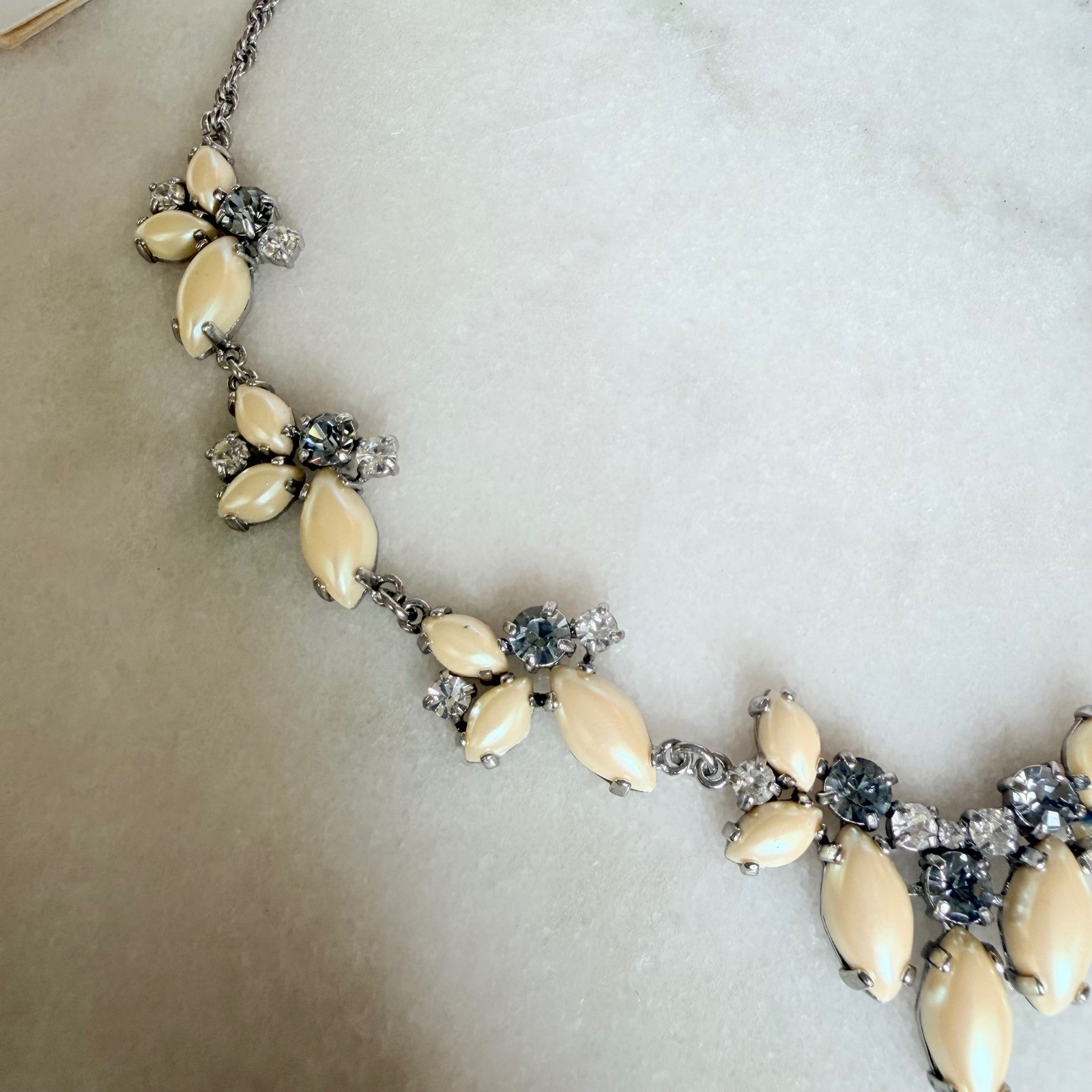 Ann Taylor Silver Tone Faux Pearl Crystal Statement Necklace Grey Cream Floral