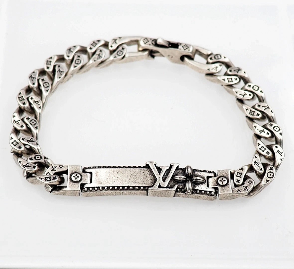 Men’s Engraved Silver Gourmette Bracelet Vintage Style Cuban Link Jewelry