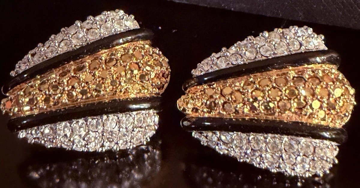 Vintage Signed St. John Clip On Earrings Gold Tone Black Enamel Rhinestone Pave