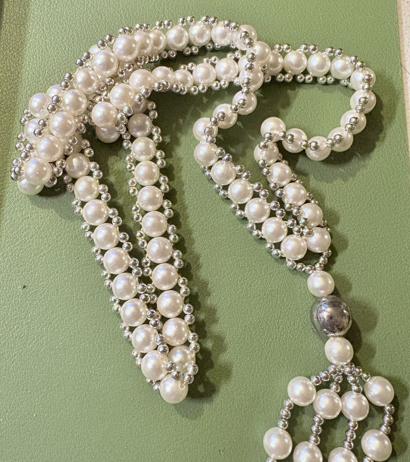 32in Faux Pearl Necklace White Beaded Silver Spacer Tassel