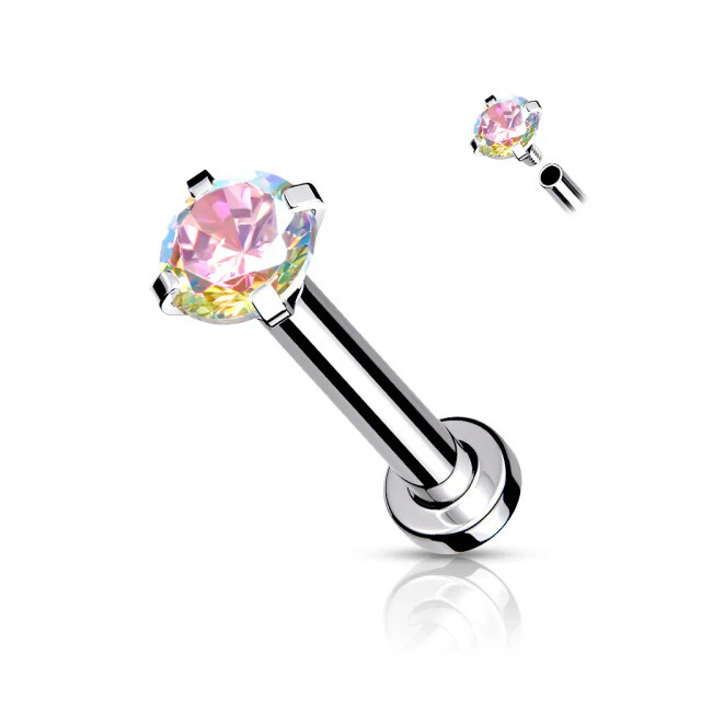 18G Flat Back Labret Nose Studs Rings Surgical Steel Prong Set Top CZ Gems Jewel