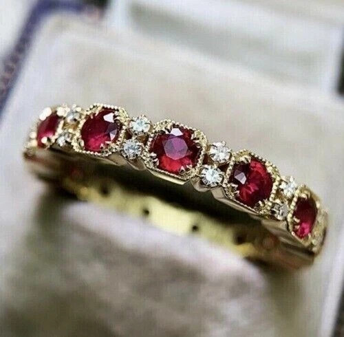 1.90CT Round Cut Lab Created Red Ruby Engagement Ring In 14K Yellow Gold Plated