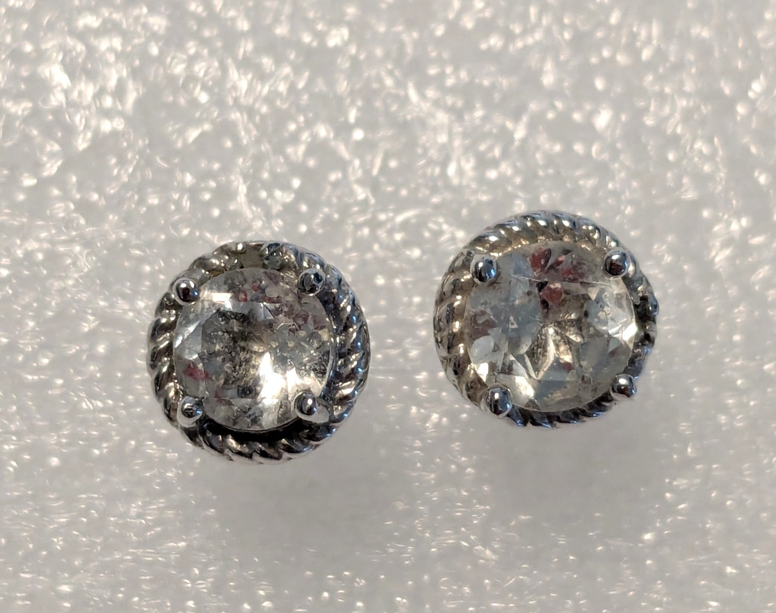 Vintage .925 Sterling Rope Border Round Brilliant Stud Earrings 2.4g Estate B43