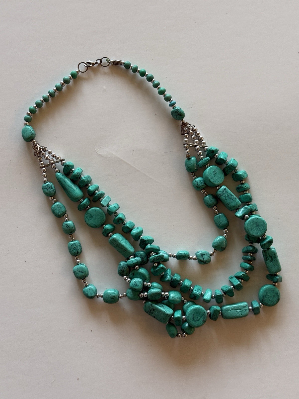 Turquoise Beaded Multi-Strand Layered Statement Necklace Silver Tone Lobster