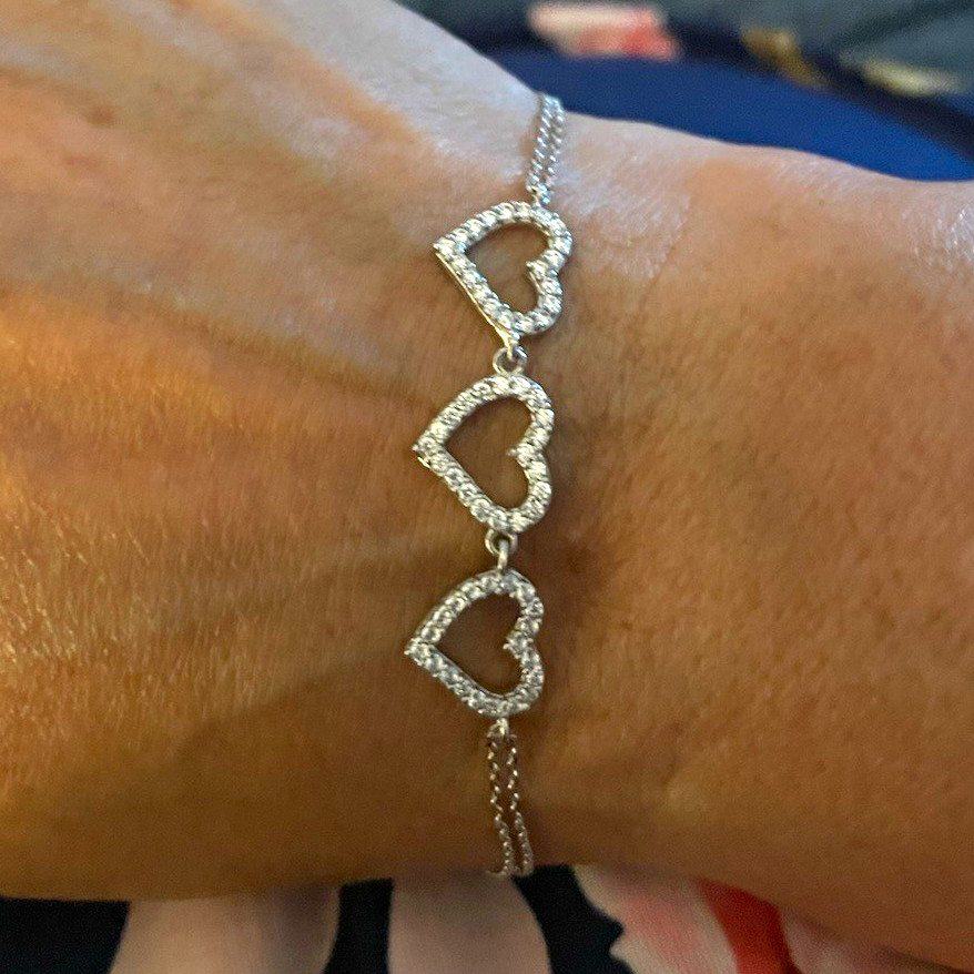 925 Sterling Silver Cable Chain Bracelet w/ Triple Open Heart Dangle Charm