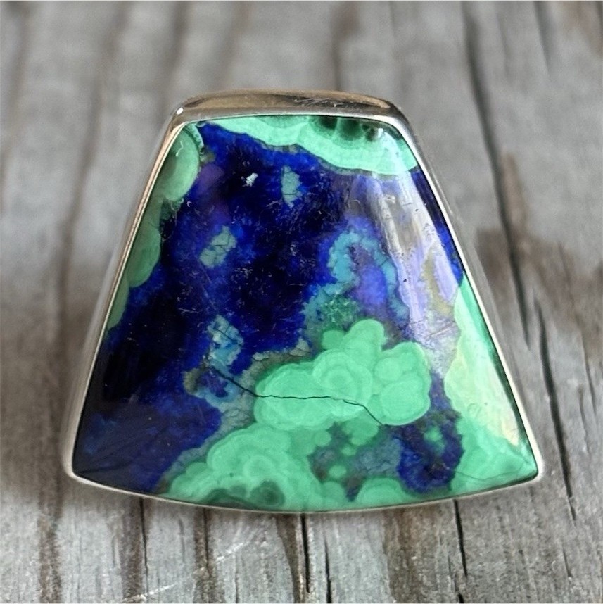 Gorgeous Azurite Malachite Trapezoid Sterling Silver 925 Ring Blue Green