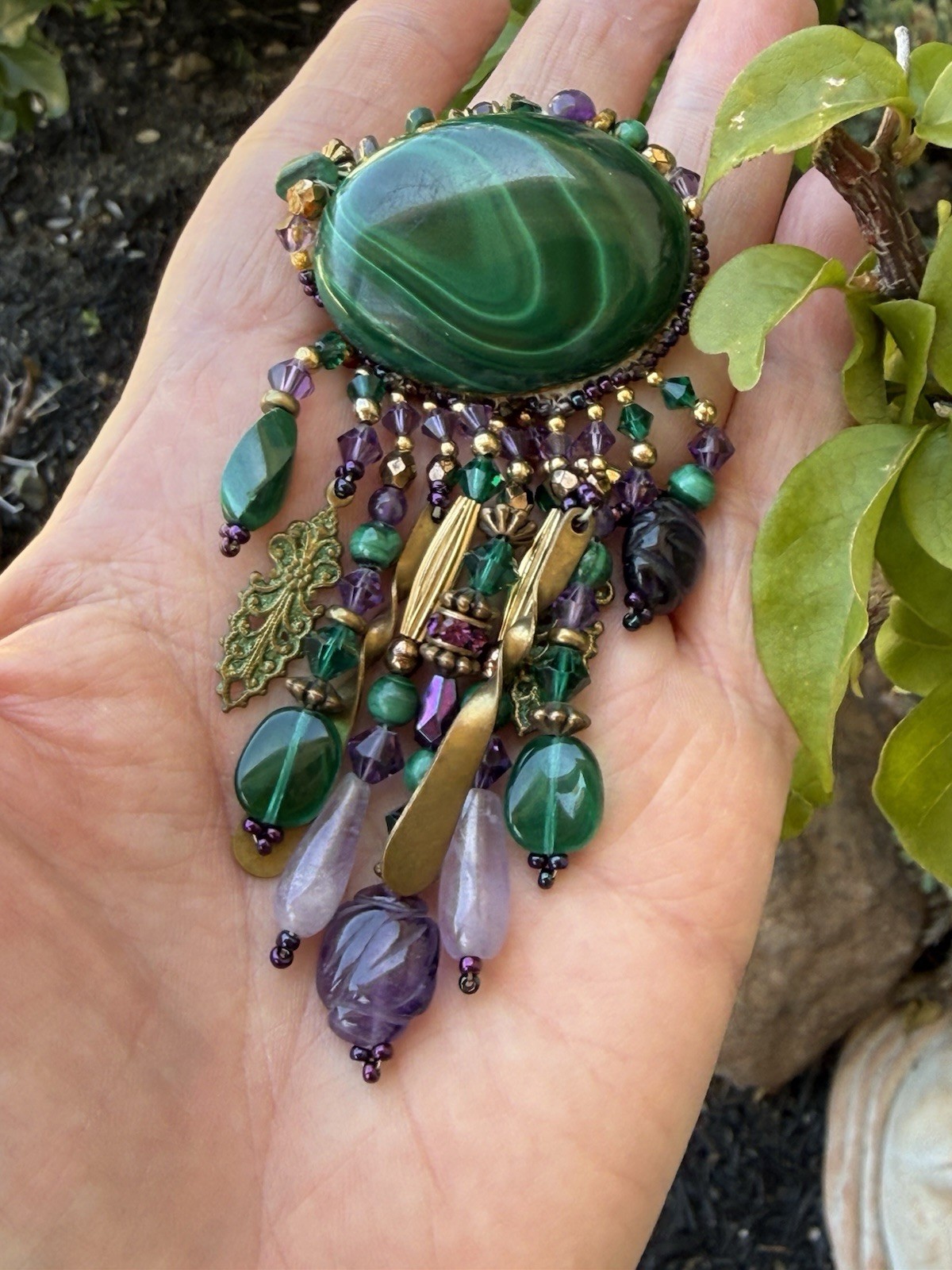 VTG Boutique Artisan Fringe Malachite & Amethyst Gem Dangles Crystal Pin Brooch
