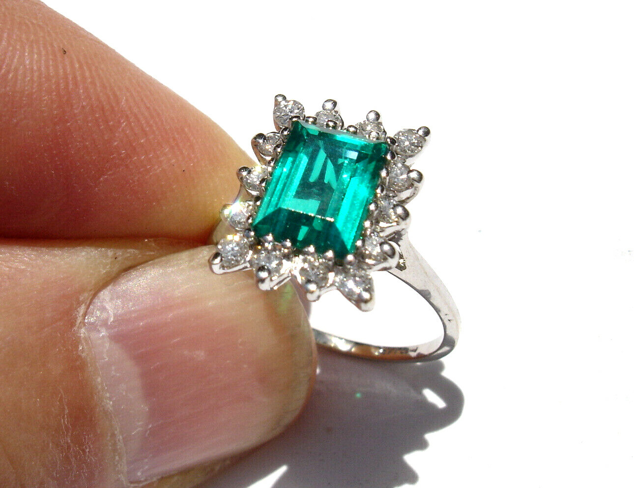 (1.51 Carat) EMERALD (.42 ctw) Diamond RING 14K white GOLD (Chatham lab created)
