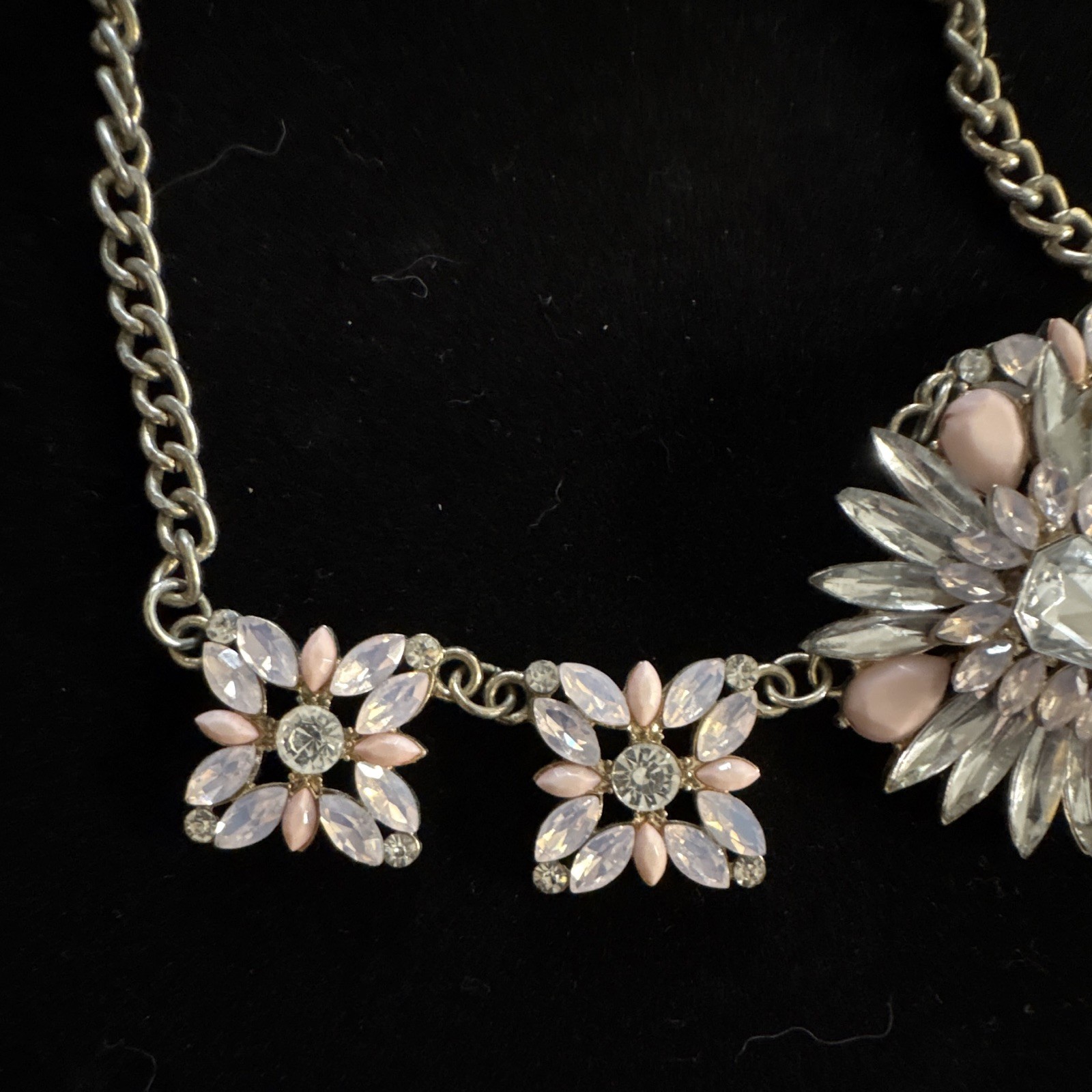 Silver Tone Statement Necklace Pink Floral Pendant Clear Crystal Rhinestone