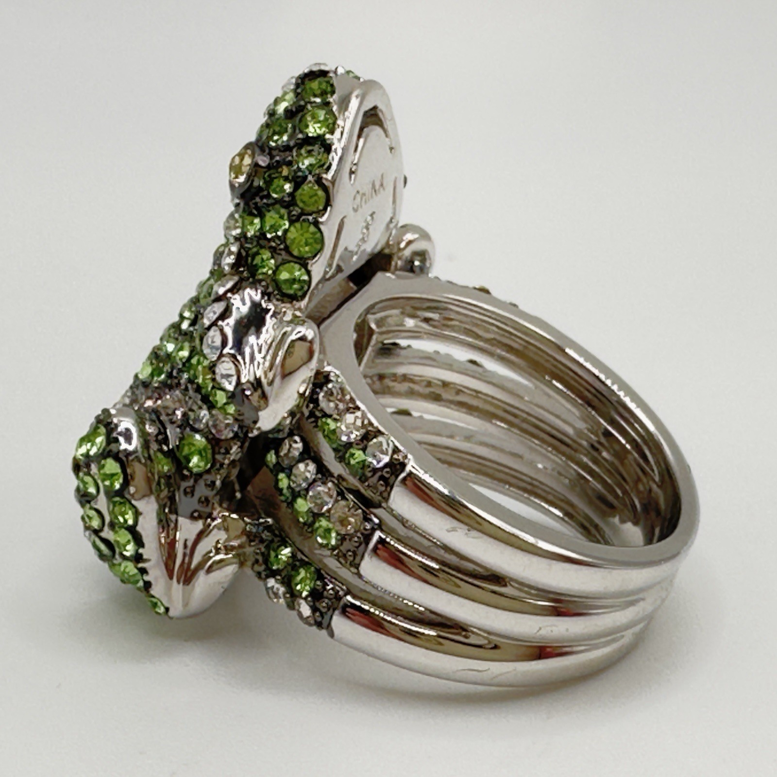 Joan Boyce “Frog” Ring Green Crystal Silvertone Pave Size 6 Statement Party