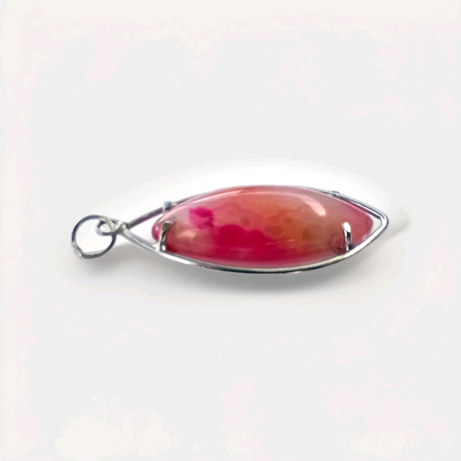 Silvertone Marquise Pink/Orange Agate Cabochon Pendant Charm, Prong Set