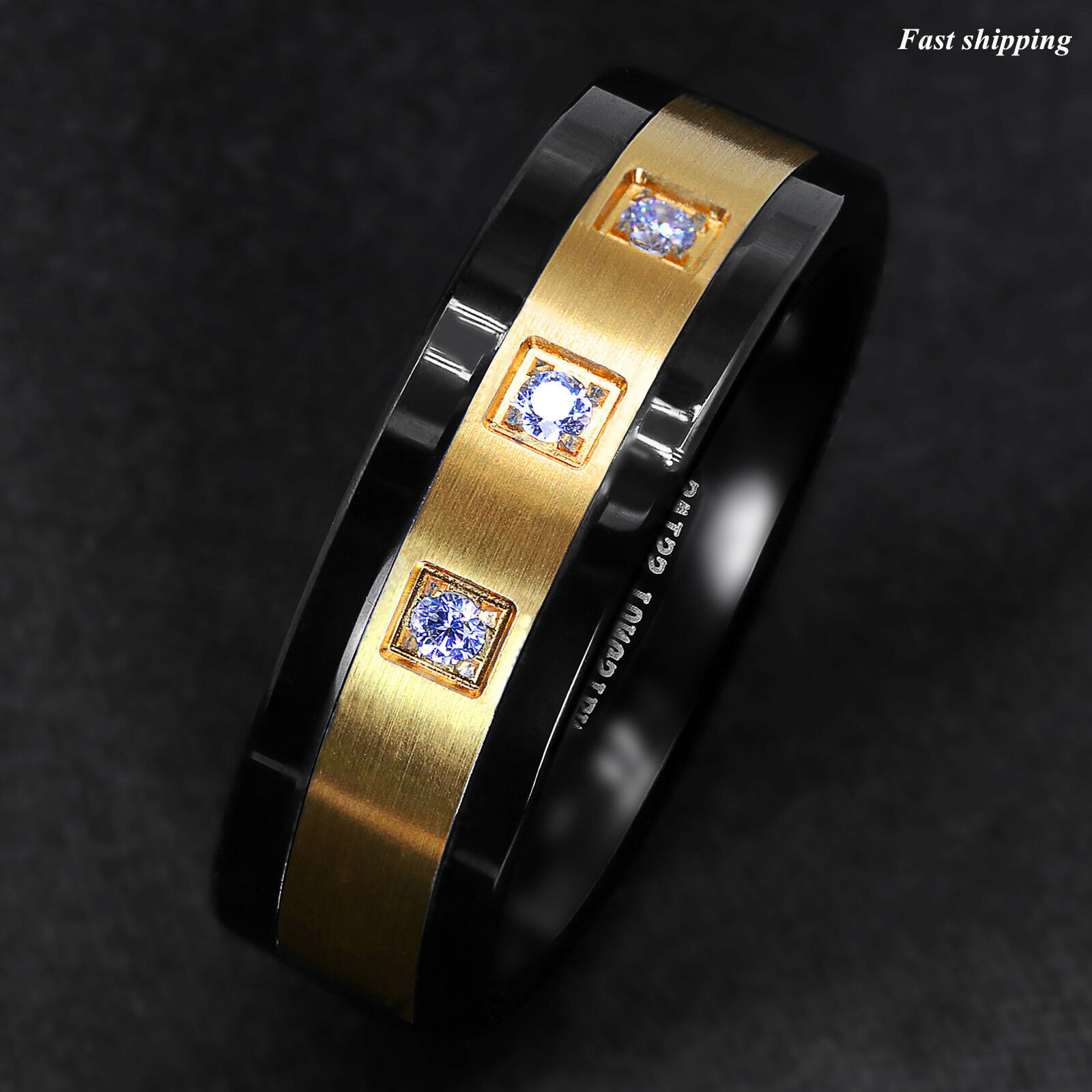 8mm Black/Gold Tungsten Ring Brushed Cubic Zirconia ATOP Men’s Wedding Band