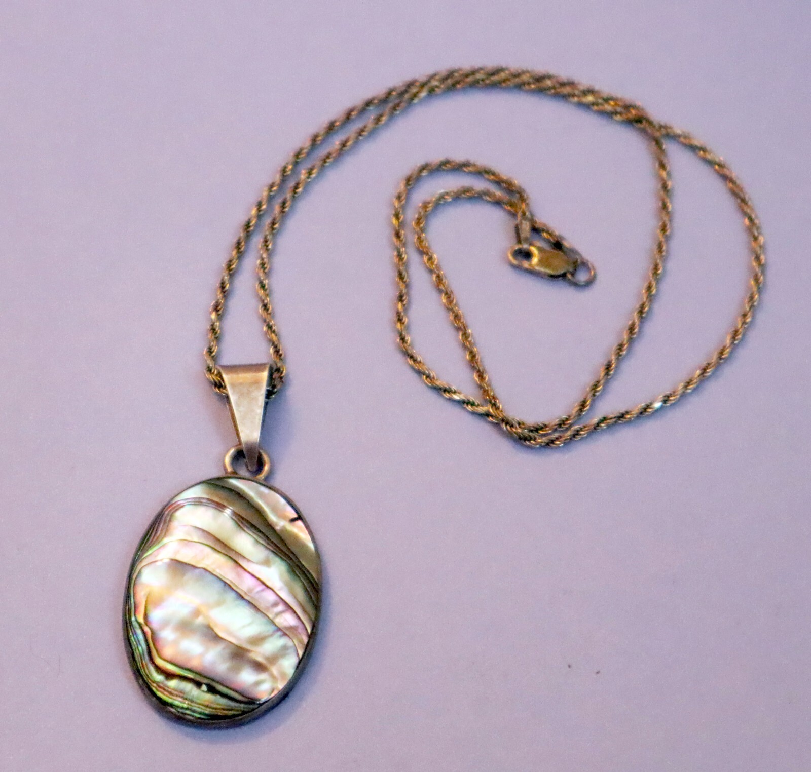 Large Vintage Abalone Shell Pendant Necklace Set Sterling Silver 20.5 in Chain