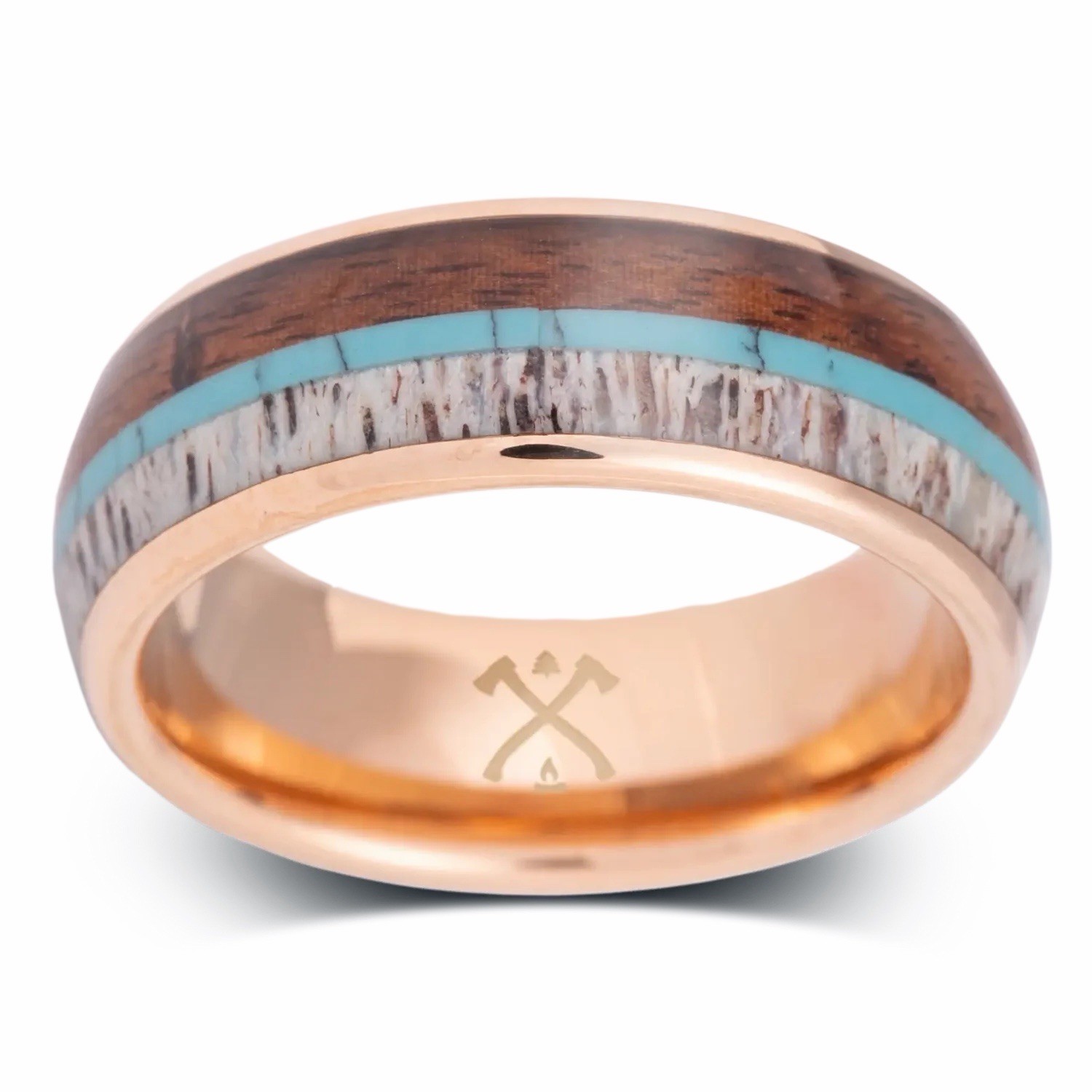 18k Tungsten Rose Gold Tone Wood Grain Blue Inlay Wedding Band Ring Sz 11
