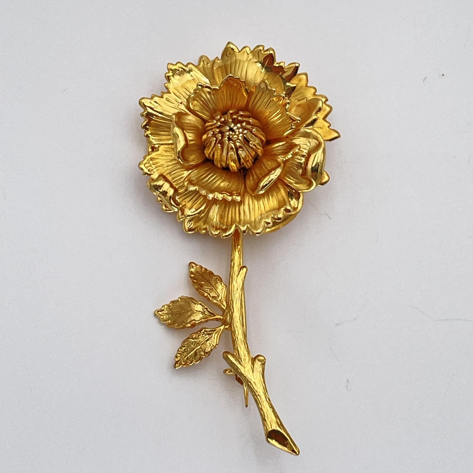 Gold Tone Layered Flower Brooch Pin Long Stem Floral Costume Jewelry