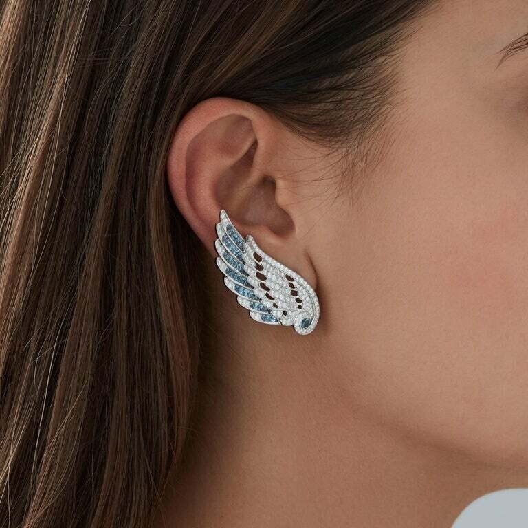 White Round Cut 1.79CT CZ & Calibre Cut 3.36CT Aquamarine Wings Design Earrings