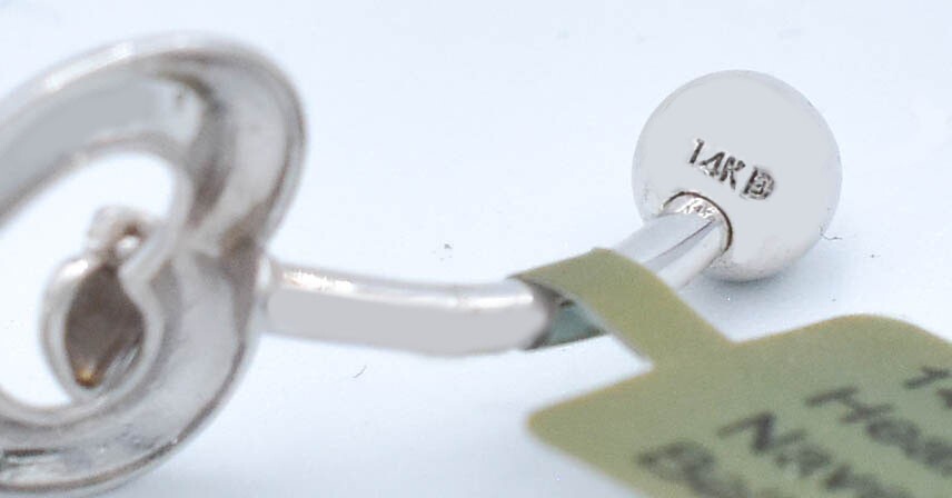 HEART NAVEL BELLY RING 14K WHITE SOLID GOLD – Free Shipping – Made in USA