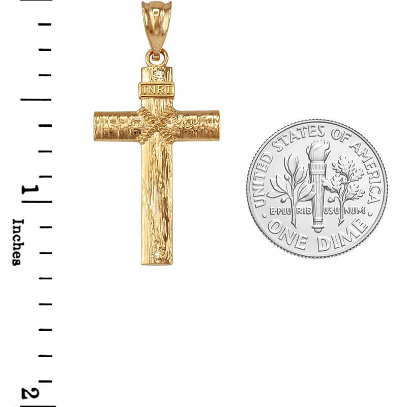 Yellow Gold Woodgrain Cross Pendant Necklace