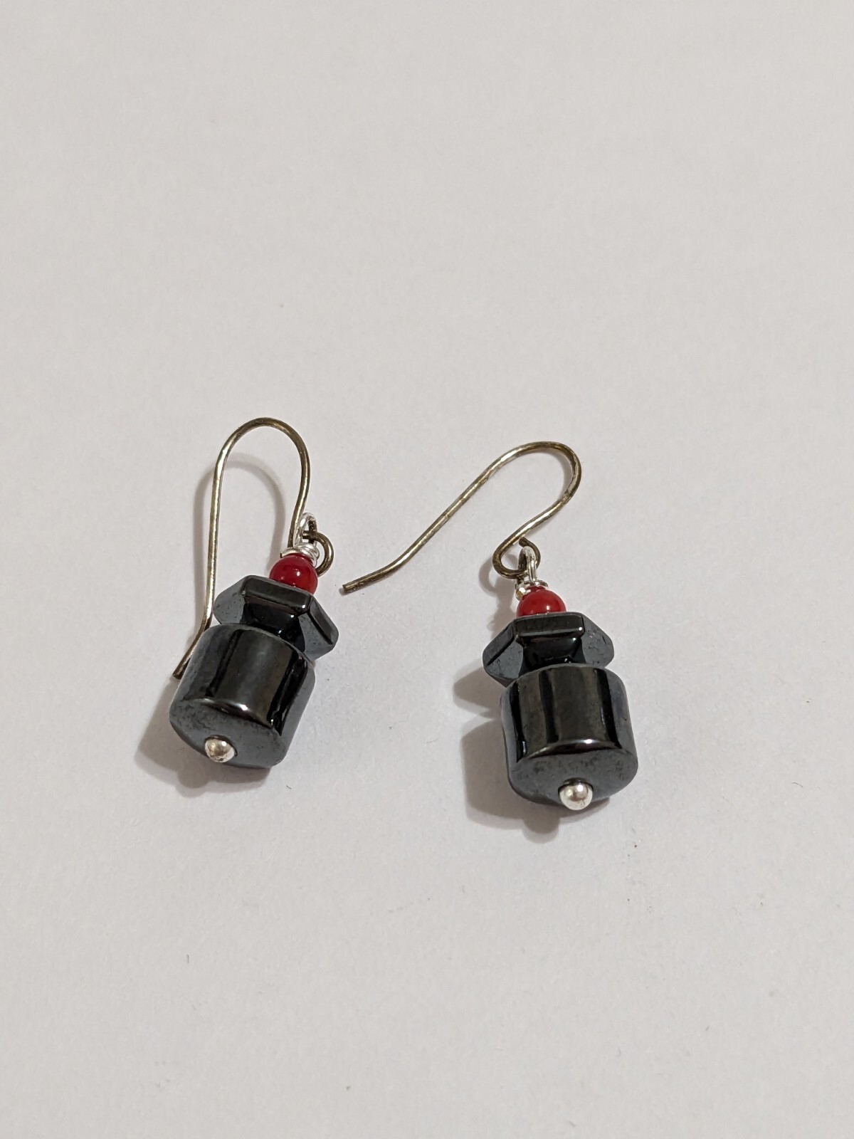 Silver Tone Hook Earrings With Black Hematite And Red Acrylic Beads. Modern. 1″