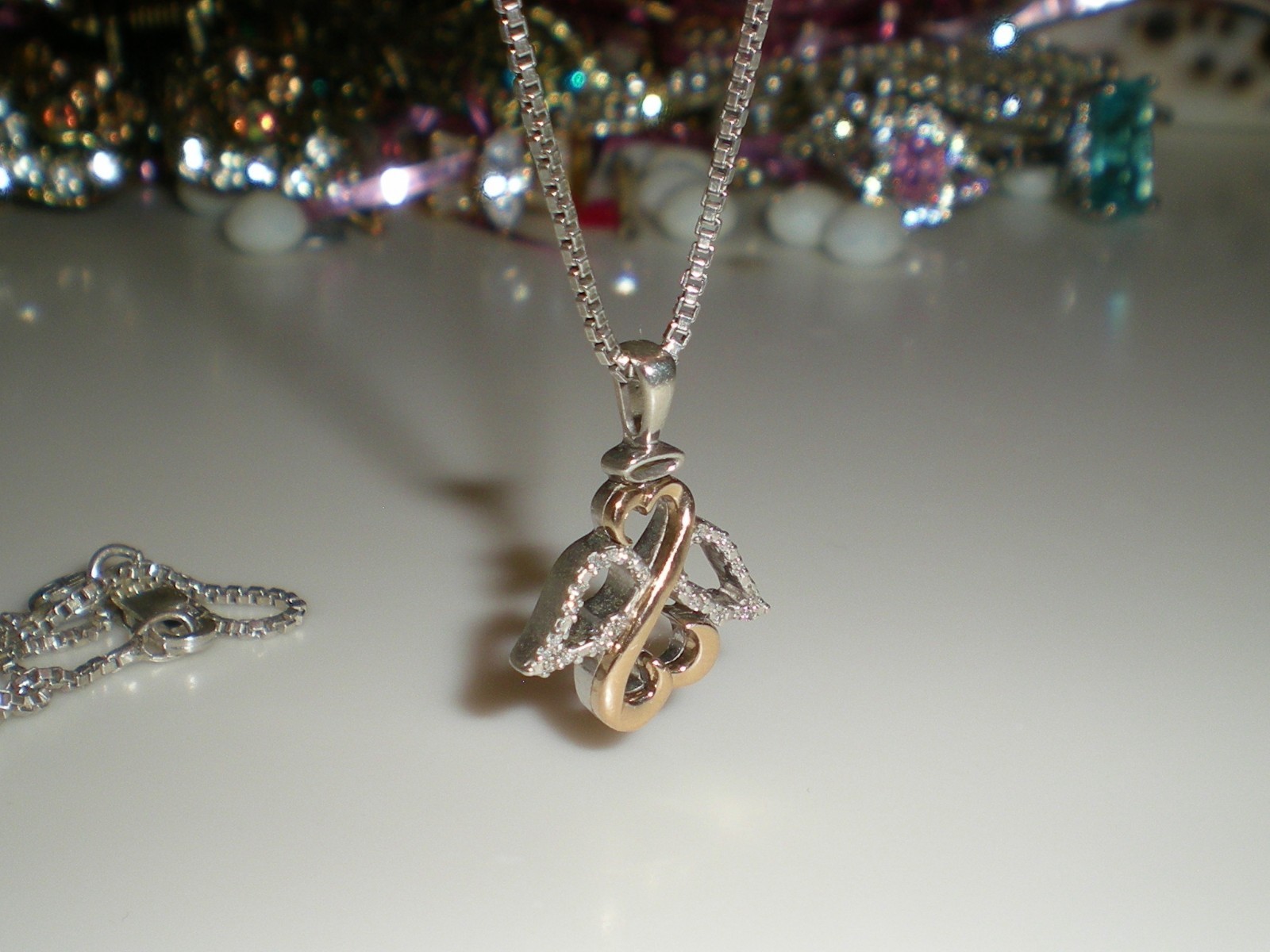Jane Seymour Open Hearts 1/20ct SS 10K Rose Gold ANGEL Diamond Necklace KAY BOX