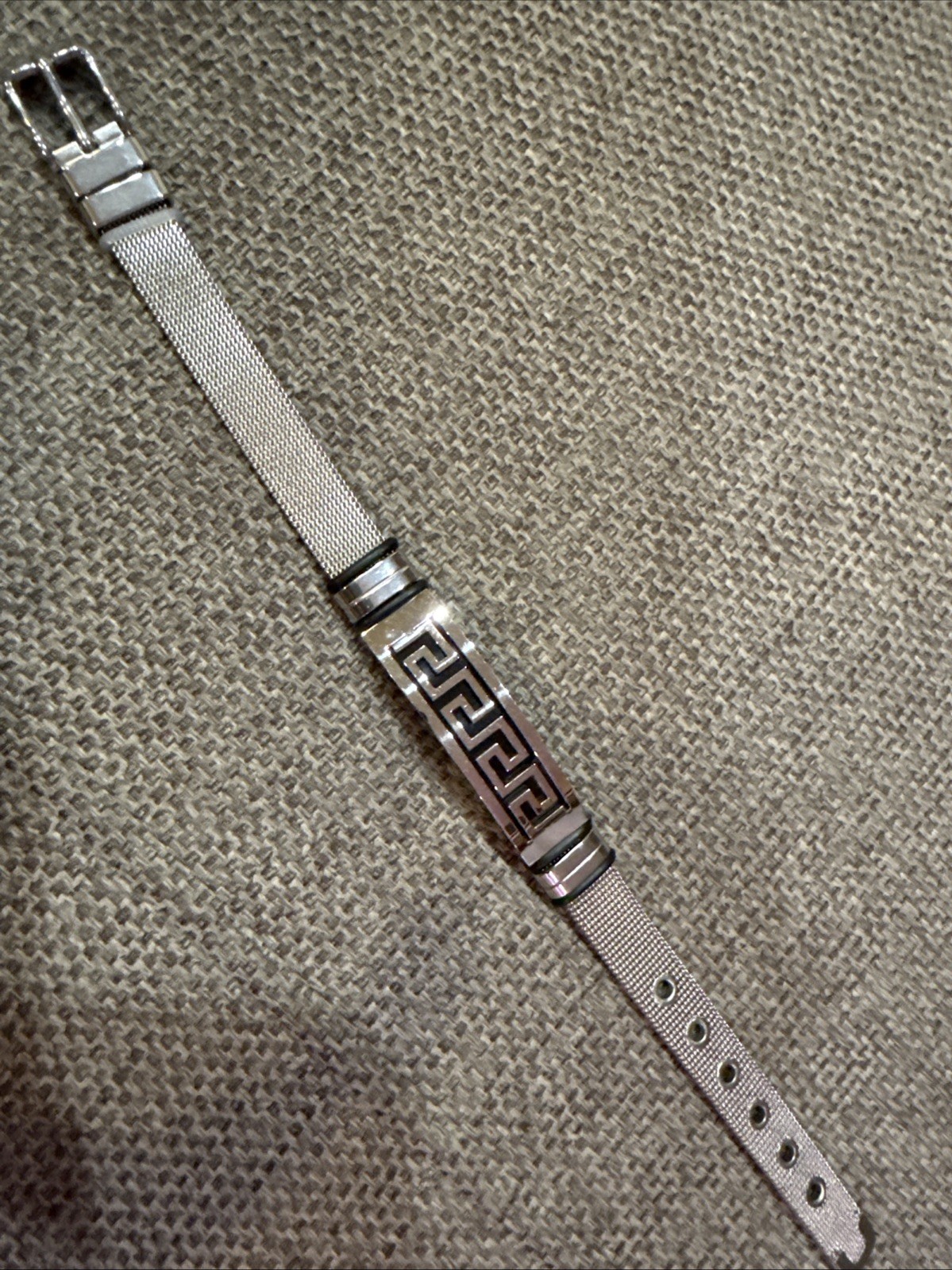 Stainless Steel Greek Key Adjustable Mesh Buckle Black Accent Bracelet 8.5″