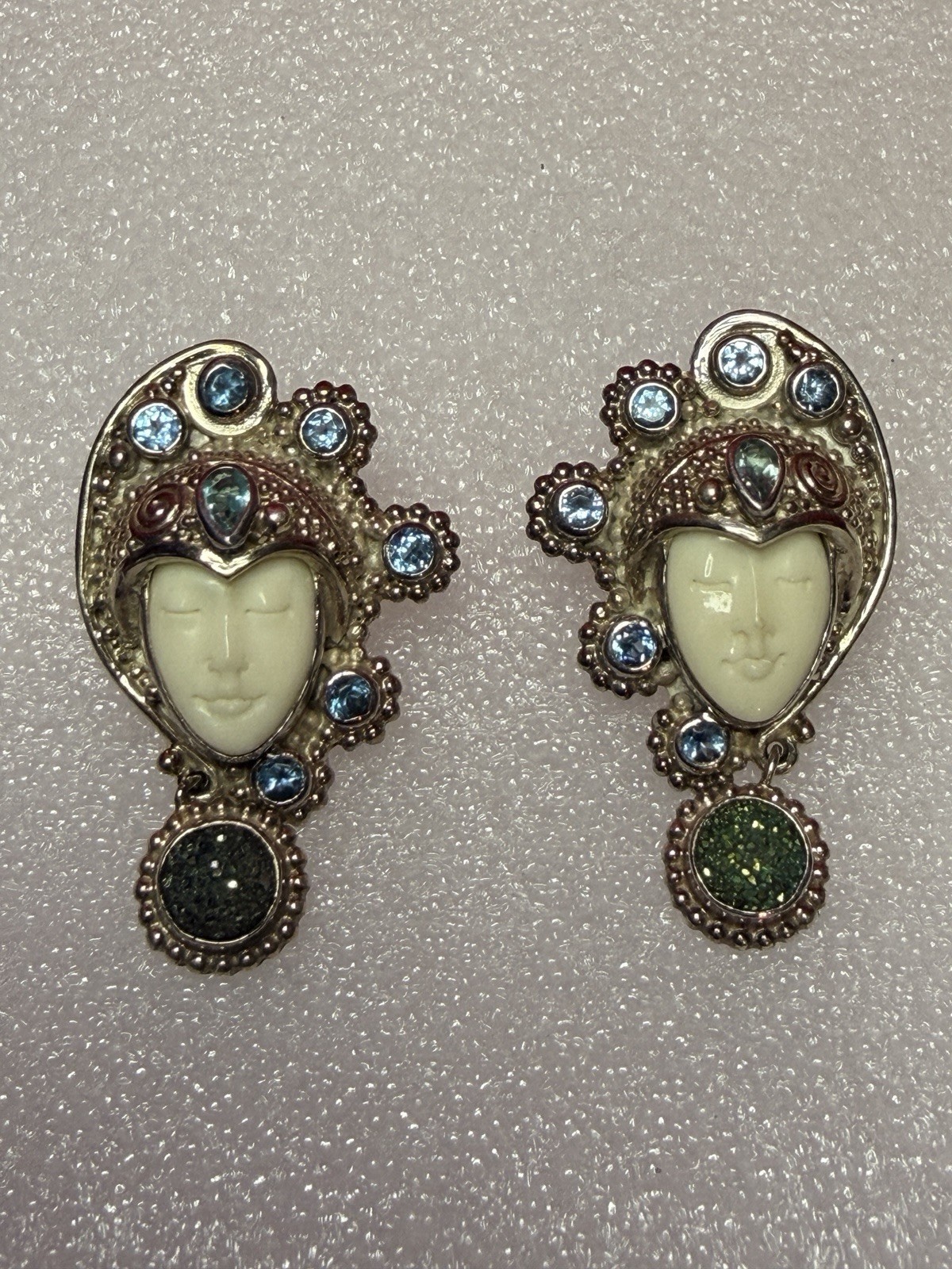 Vintage Sajen 925 Sterling Silver Carved Goddess Face Earrings