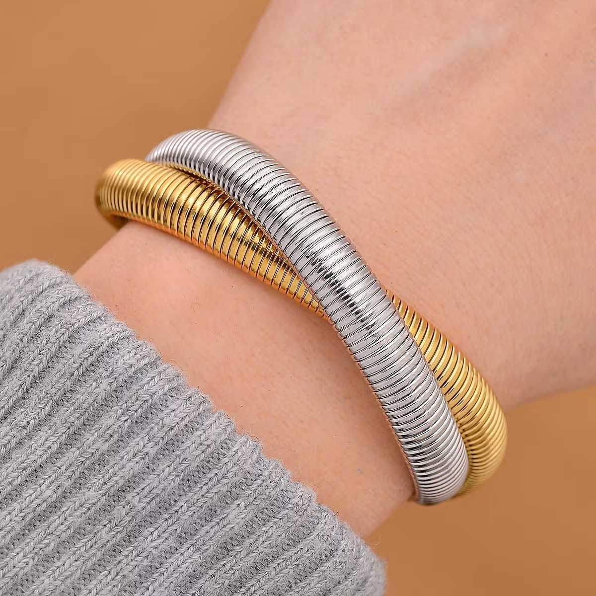 Ion Plated Yellow Gold and Stainless Steel 2 Row Bracelet 7.5-9.5 inches