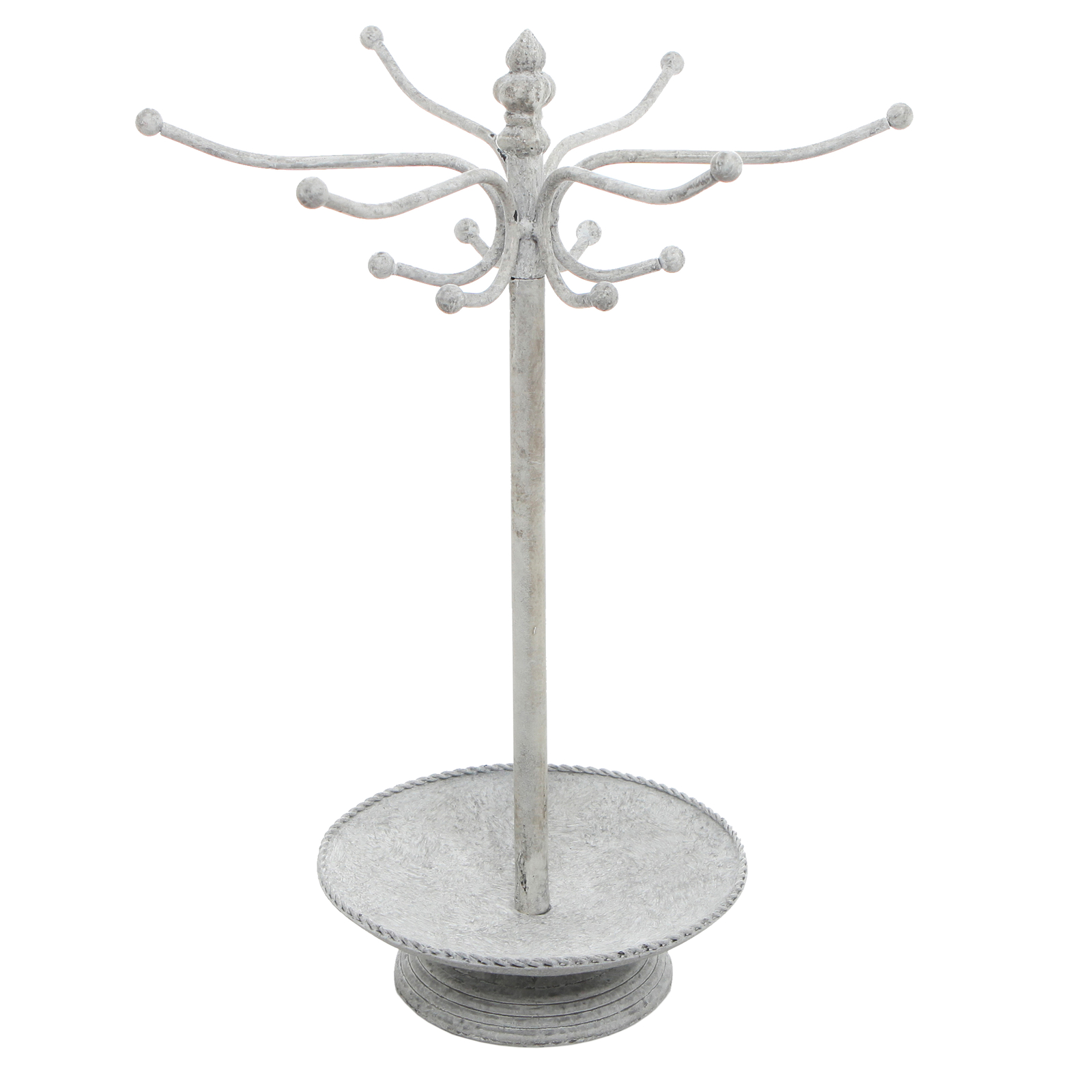 White Metal Jewelry Tree Organizer, Necklace Rack Stand w/ Ring Tray & 12 Hooks