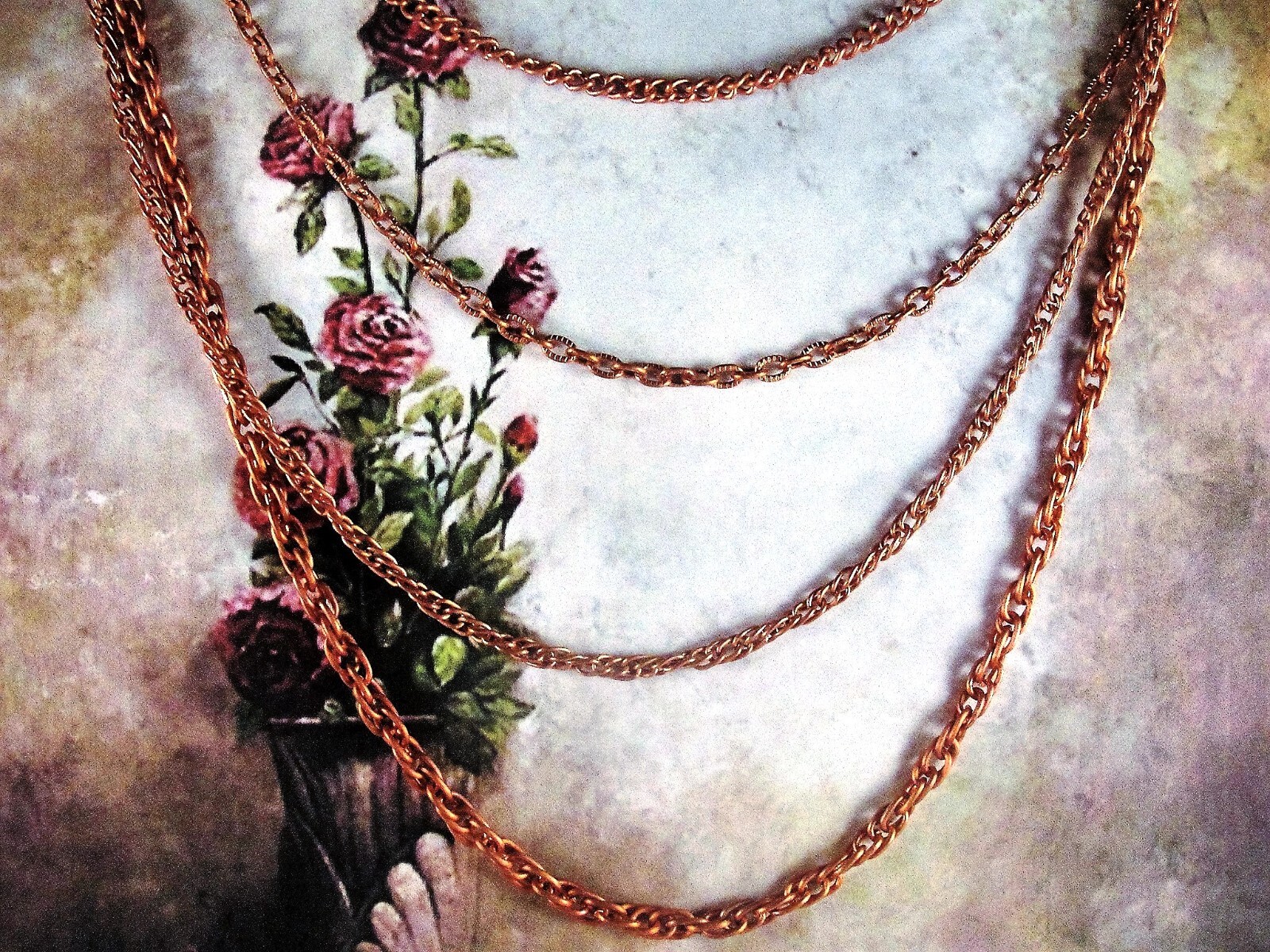 Aged Copper Coated Steel Curb, Cable and Rope Graduated 4 Chain Necklace w/Clasp