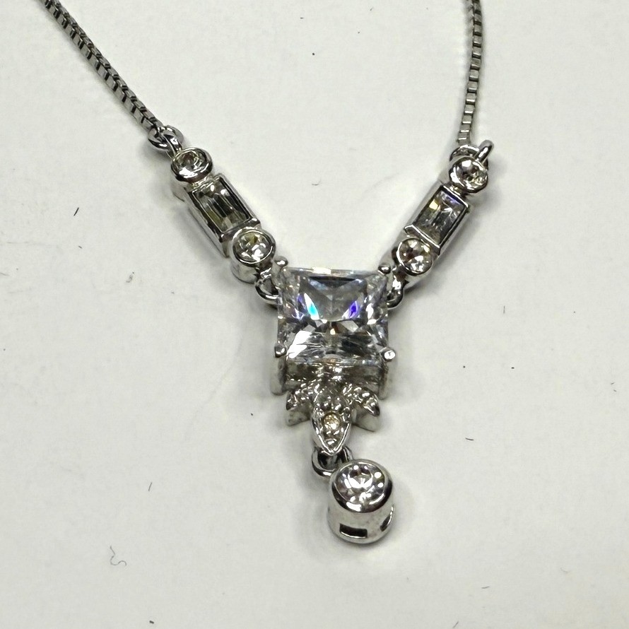 Princess Cut Cubic Zirconia CZ Y Drop Pendant Necklace Silver Tone Jewelry 8.5in
