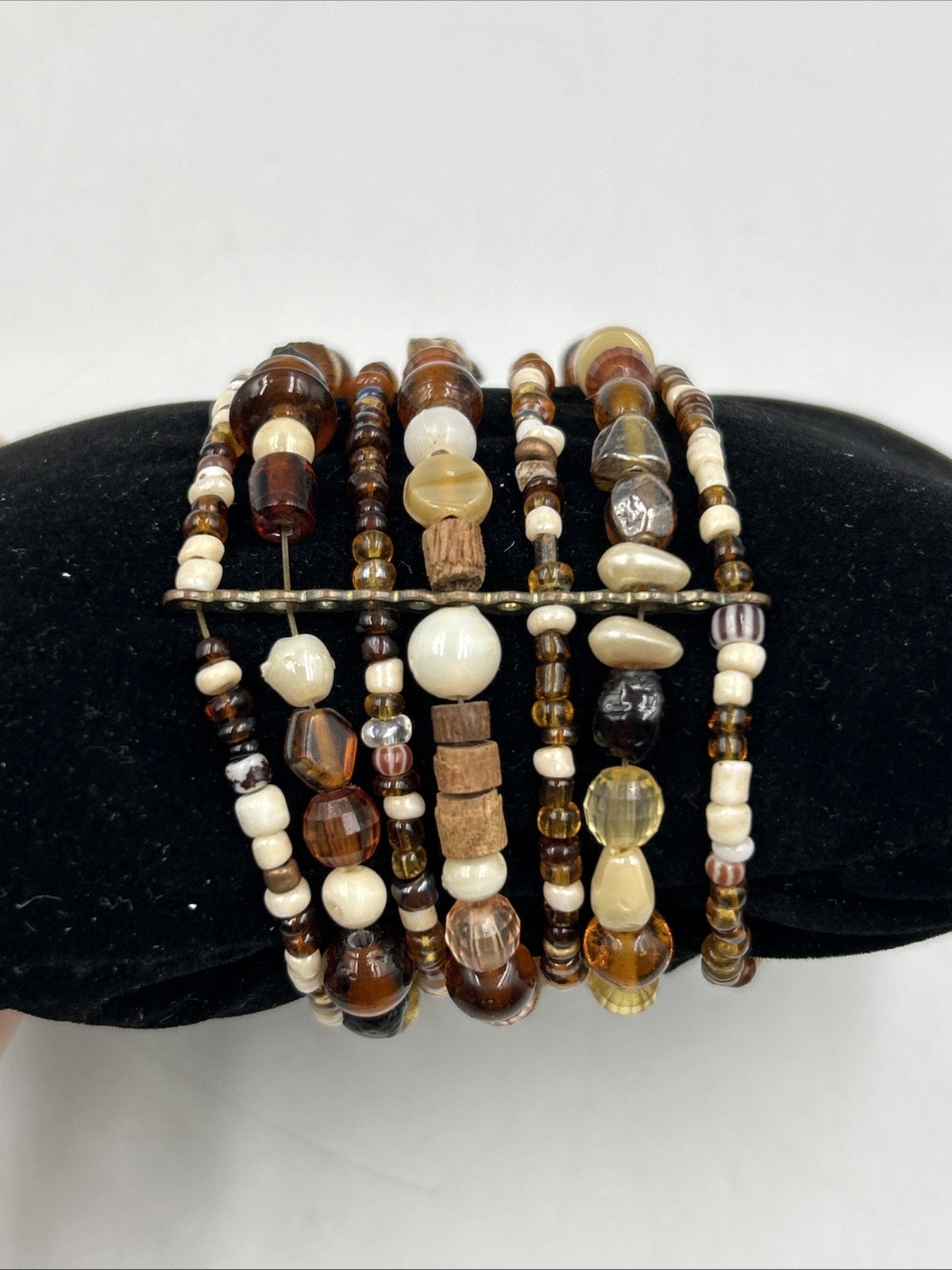 brass & brown seed bead pebble chip memory Stretch cuff bracelet 1.75″ wide