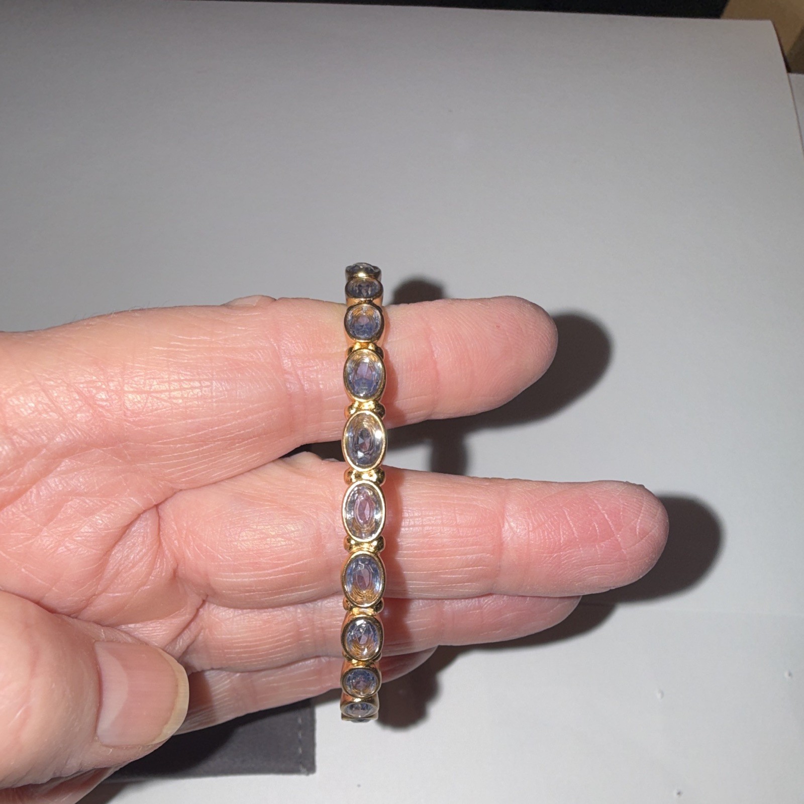 Julie Vos 24k Gold Overlay Bangle Bracelet Charcoal Blue Oval Stone