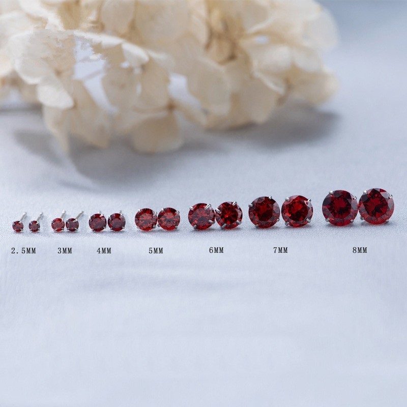 999 Sterling Silver Sparkling Burgundy Round Solitaire CZ Mini Stud Earrings