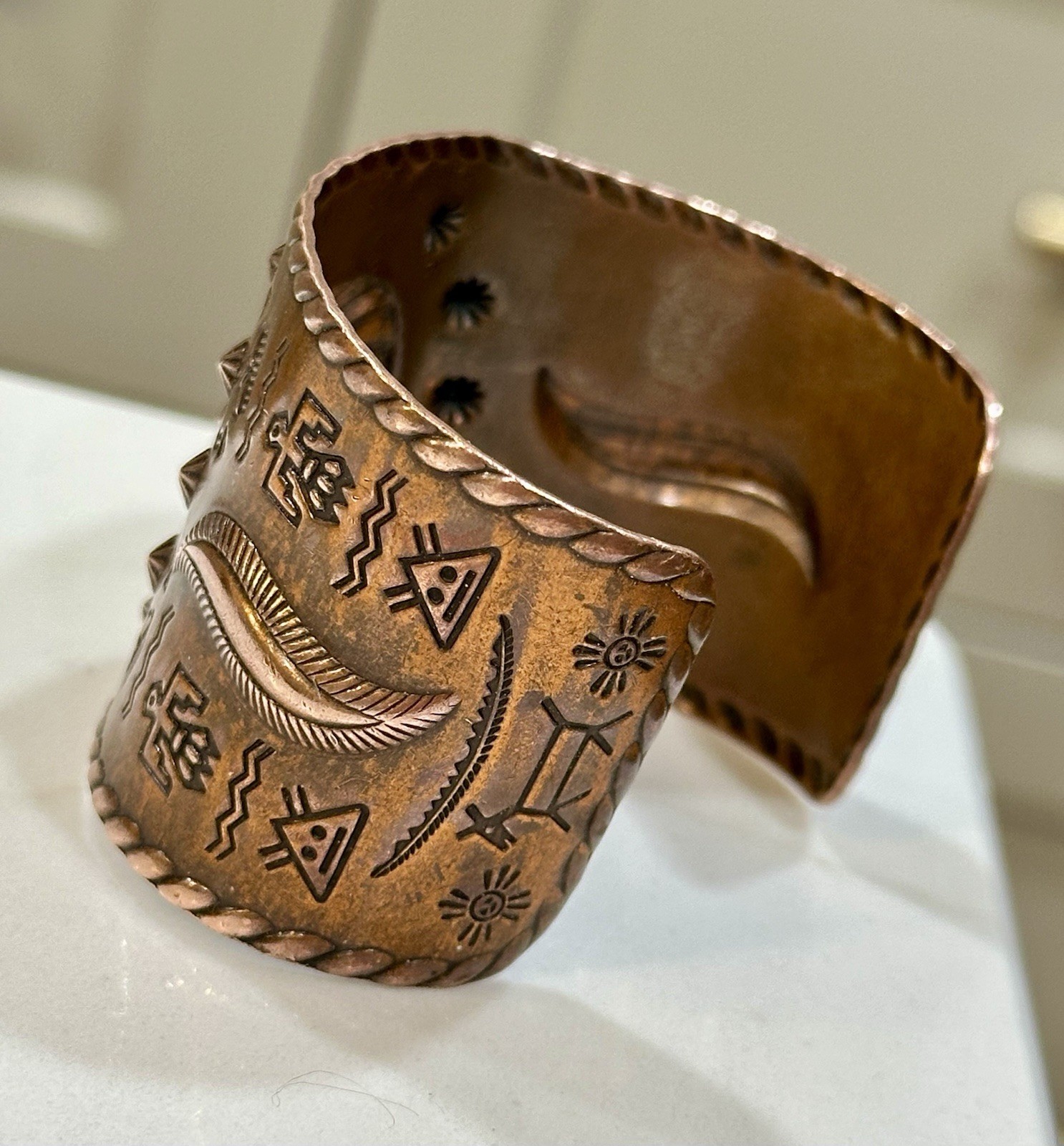 Fred Harvey Era/Native American Wide Copper Stamped Cuff/Bracelet. ~7”