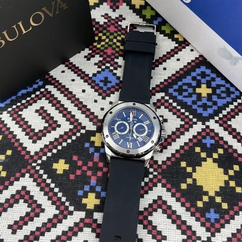 Bulova Men’s Blue Dial Black Rubber Strap Marine Star Quartz 98B258 Watch 44mm