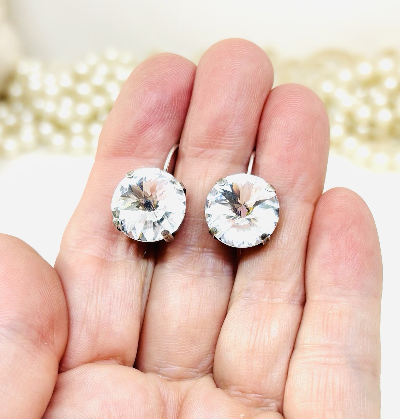 Antique Silver Plated 14mm Clear Crystal Drop Cup Chain Earrings