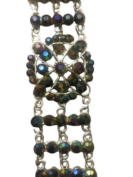 Silver Tone Rhinestone Crystal Flower Statement Bracelet Multi-Row Link Chain