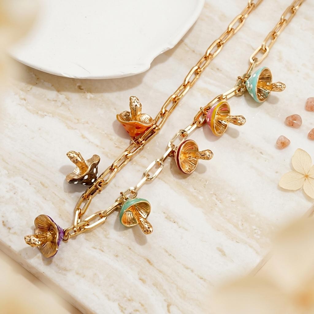 Multicolor Enamel Mushroom Charm Necklace,Paperclip Chain, Whimsical Woodland