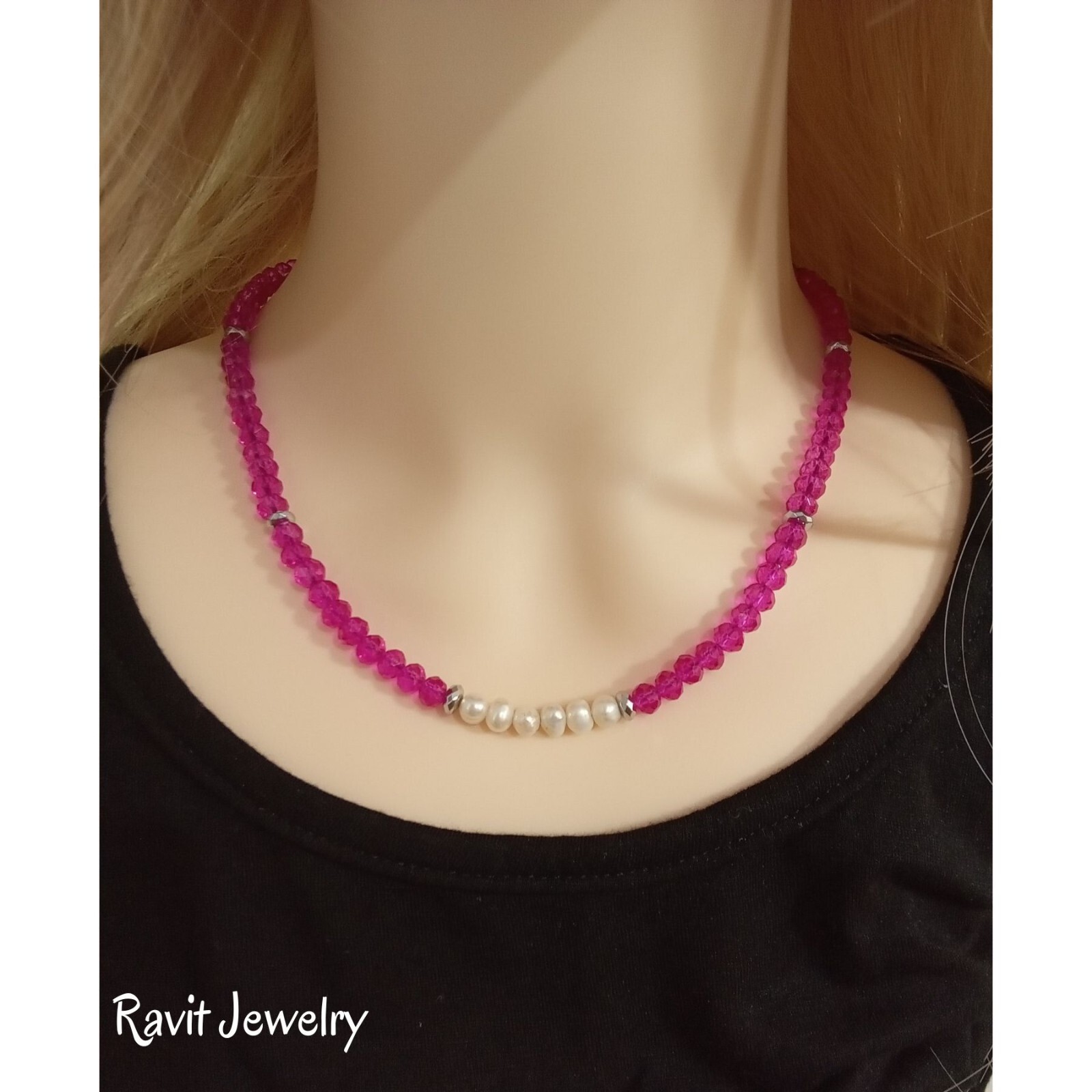 HOT PINK FUCHSIA Necklace Rondelle Glass Beads With Natural Freshwater Pearls