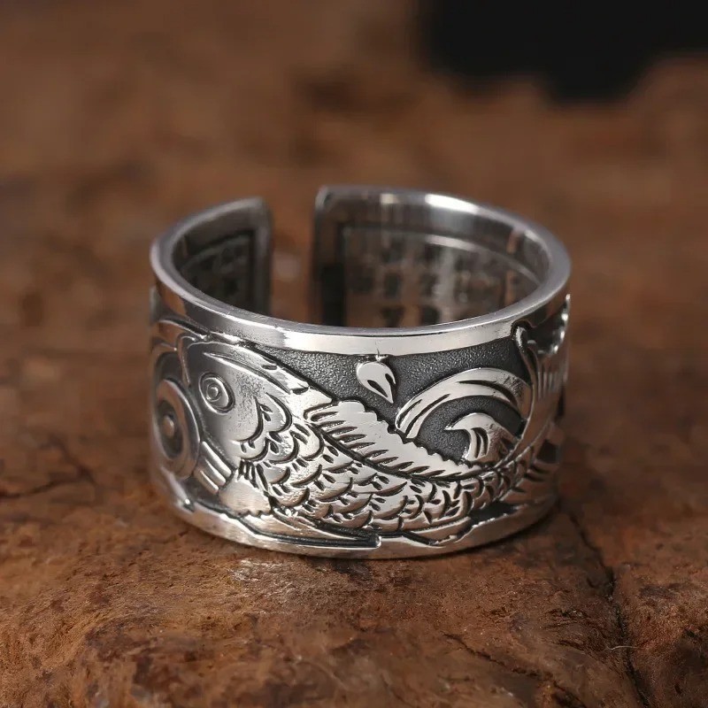 925 Silver Koi Fish Opening Ring Retro Lucky Carp Band Men Women Jewelry Gift