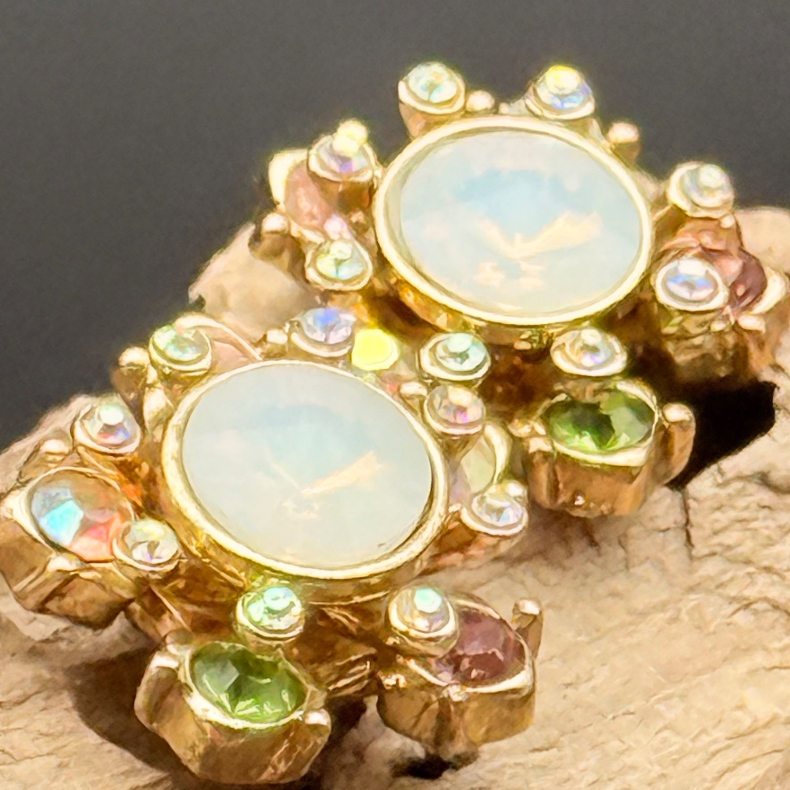 Signed Beatrix BJ Faux Opal AB Rhinestone Gold Tone Clip On Earrings Vintage