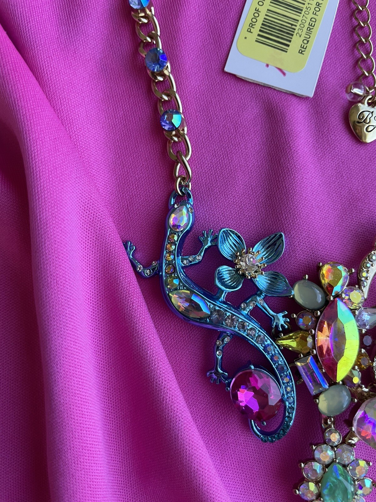 Betsey Johnson Paradise Lost Pink Flamingo Salamander Lizard Gecko Necklace RARE