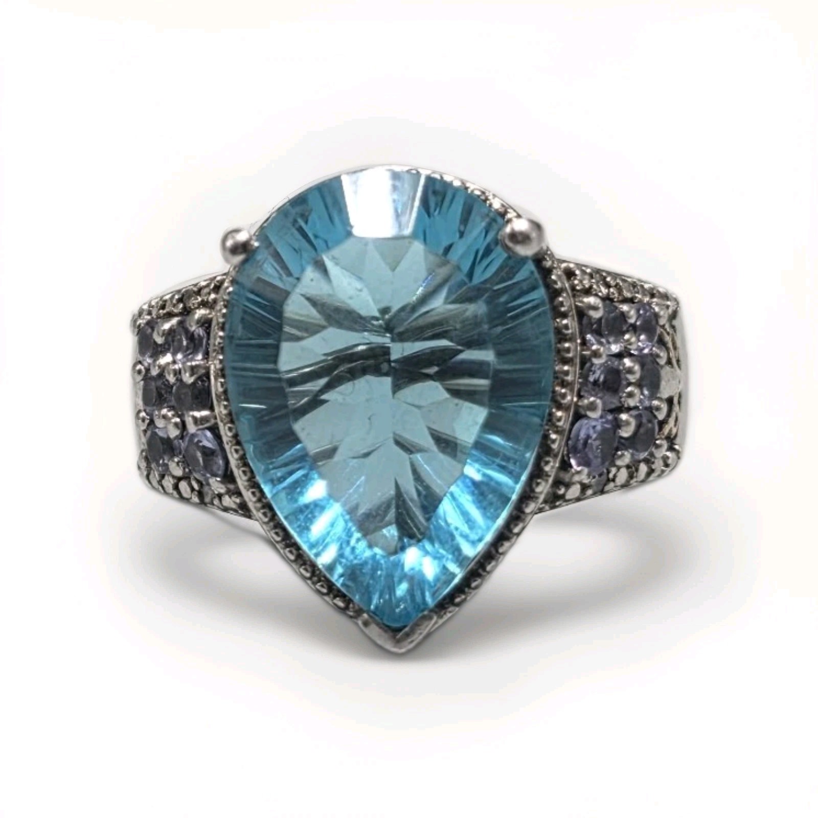 Vintage 925 Sterling Silver Statement Ring w/ Large Blue Topaz Sz 9 Cocktail