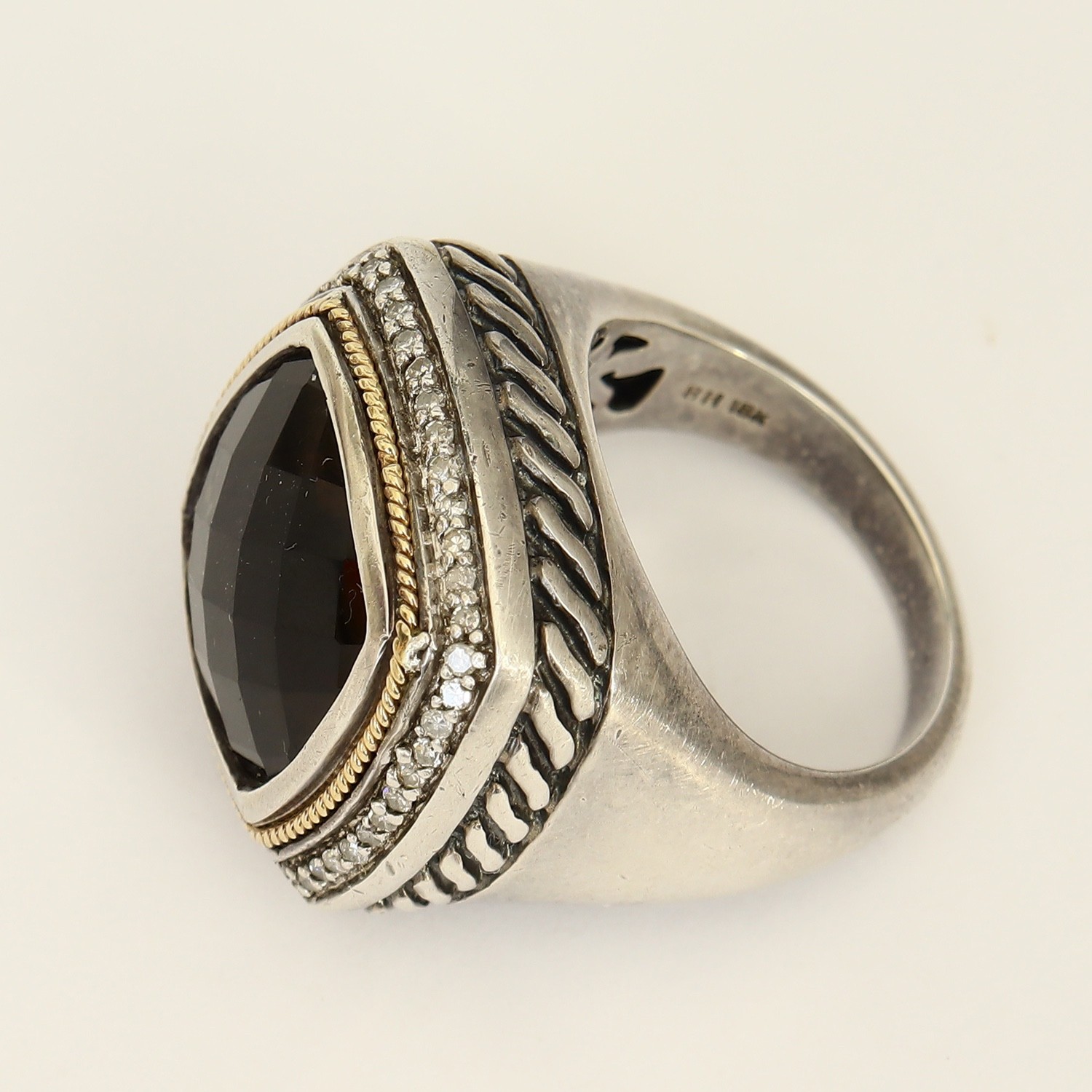 EFFY RING Diamond Sterling 925 Silver 18k Gold Smoky Quartz Balissima size 6