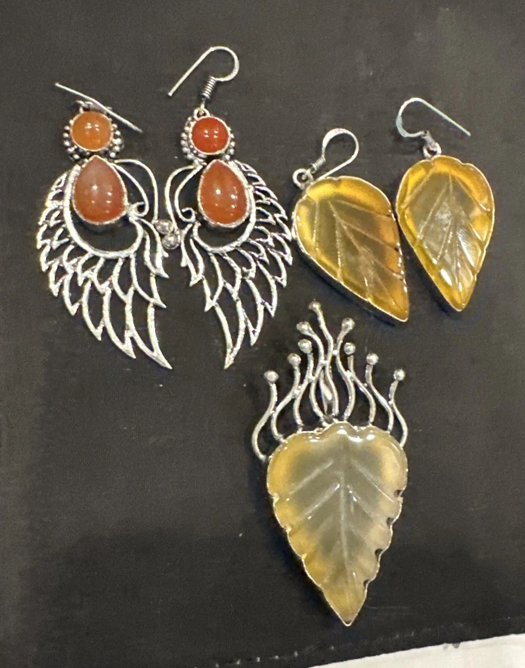 Silver Tone Simulated Gemstone Artisan Angel Wing Leaf Earrings & Pendant Lot 3