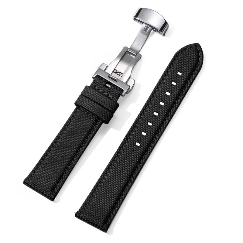 Butterfly Buckle Nylon Leather Watch Strap Canvas Quick Release Wrist Band 20 22