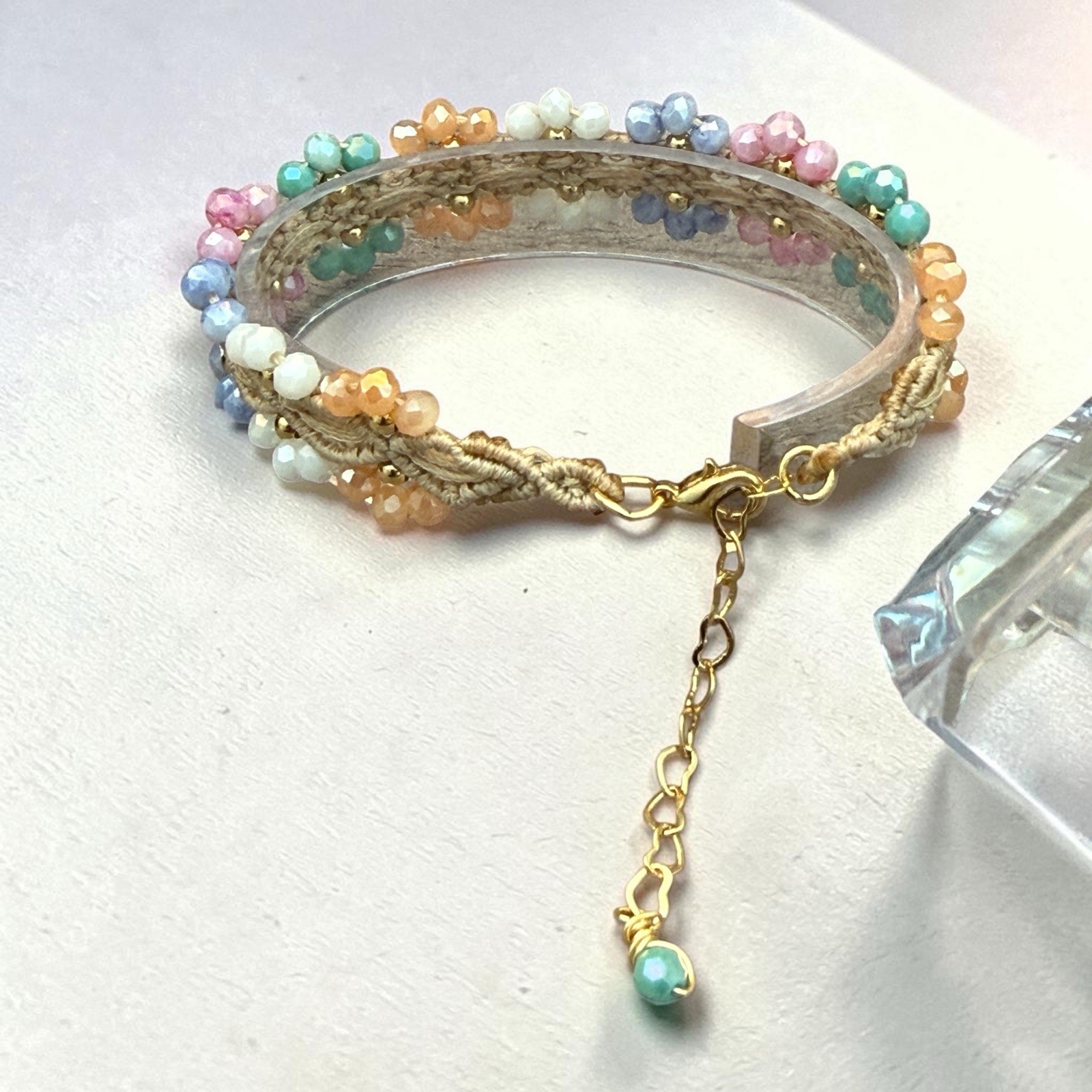 Handcrafted Macrame Bracelet Cream Crystal Flowers Gold Filled Adjustable 16-22